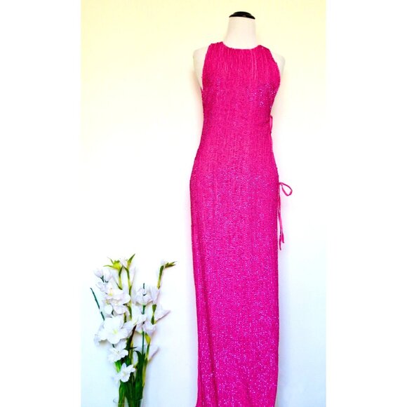 NEW! H:ours Revolve Juniper Maxi Gown Dress All over Beaded Side Cut Hot Pink XS - Picture 5 of 11